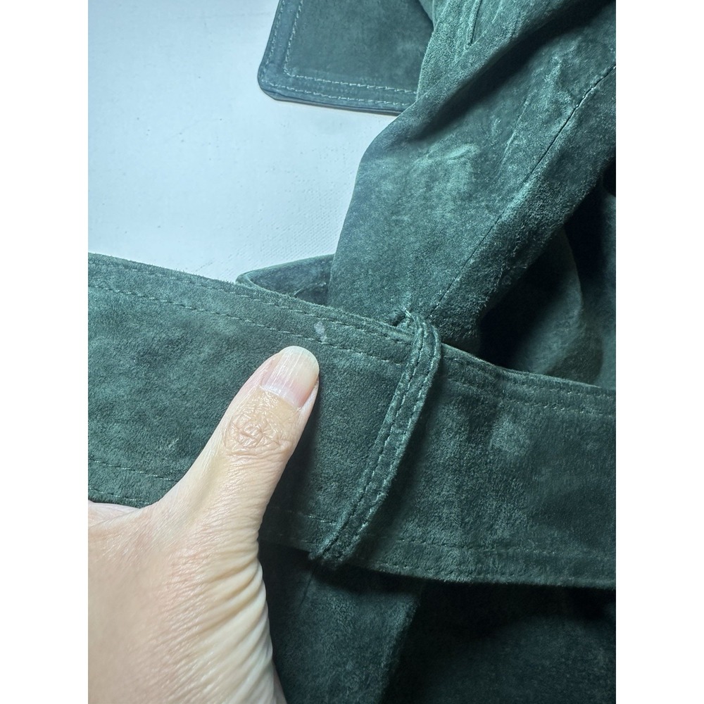 AVEC LES FILLES Foliage Green MEDIUM Genuine Suede Belted Trench Coat Luxury - Picture 7 of 16